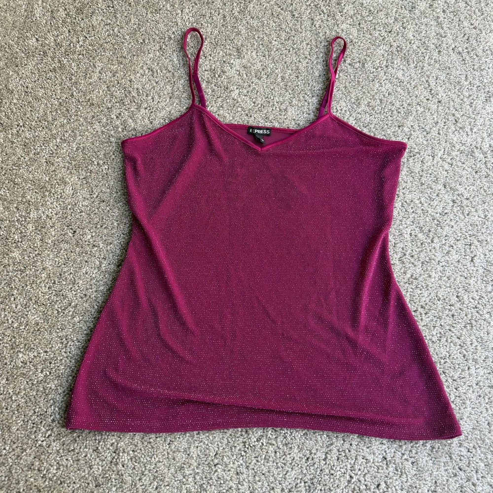 Express Tank Top Womens L Pink V Neck Glitter Knit Adjustable Strap Camisole